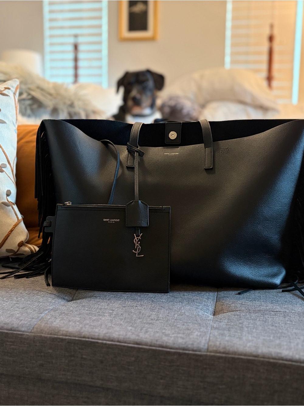 Saint Laurent Black Leather Fringe Shopping Tote with Pouch.